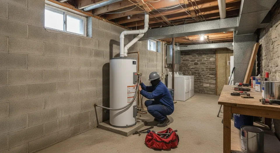 A technician connecting the gas line and vent on a new power-vent water heater in a Kitchener, Ontario basement